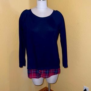 3/$15 Navy/plaid long sleeve tee with plaid shirt tail